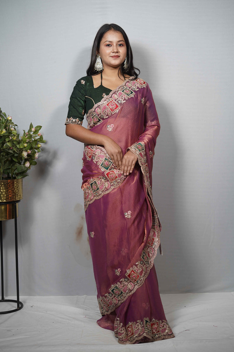 Dual-Tone Silk Saree with Ornate Paneled Border & Zari Work | Party Wear Saree Collection