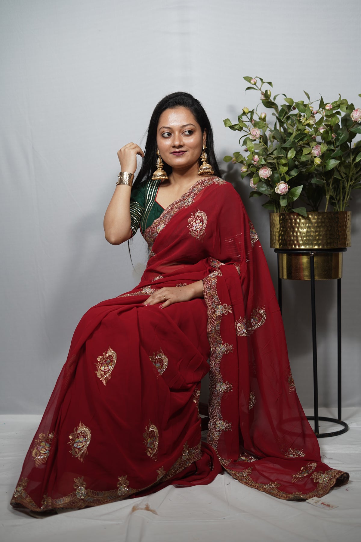 Silk Saree with Scalloped Zari and stone Embroidered Border & Paisley Motifs | Party Wear Saree