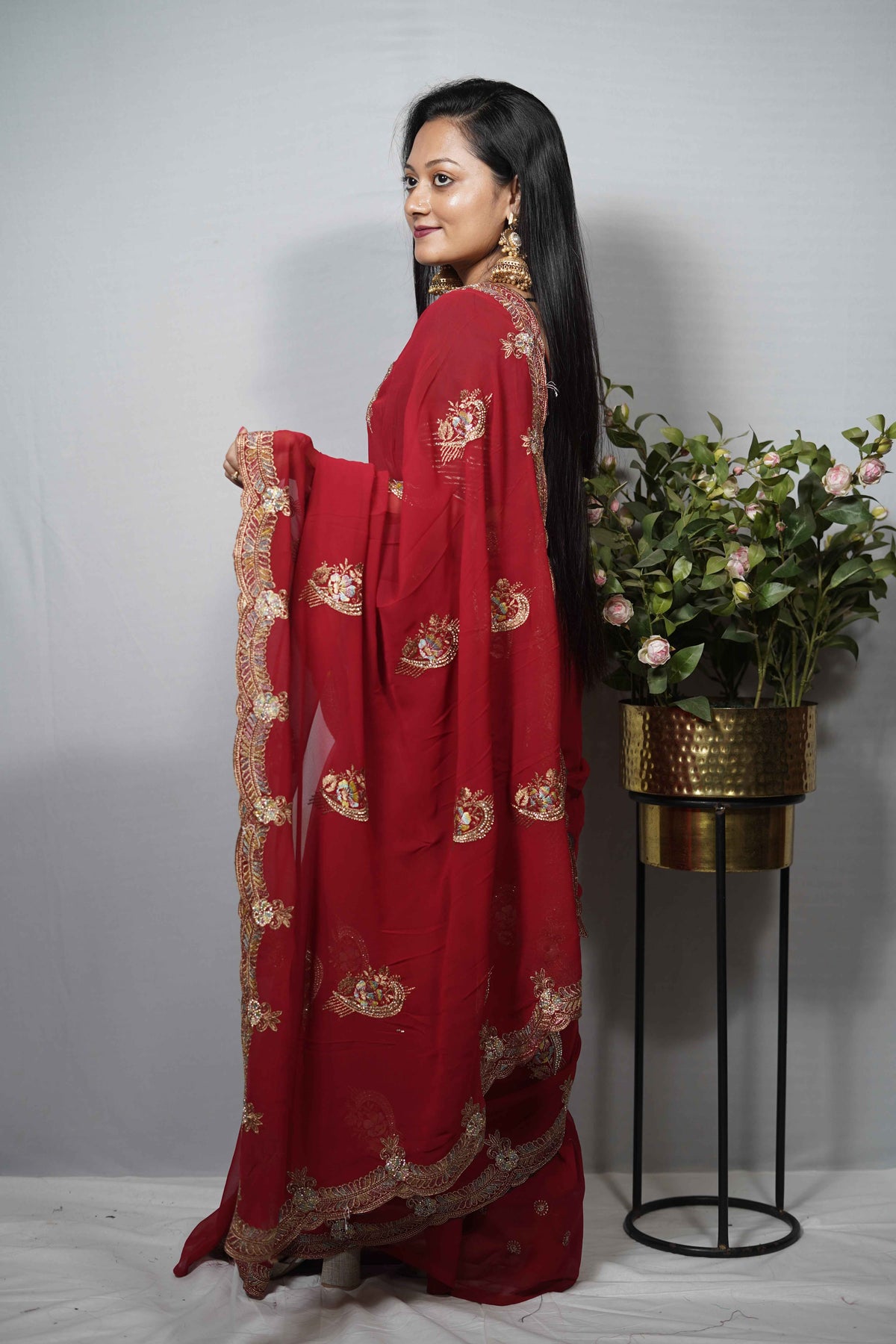 Silk Saree with Scalloped Zari and stone Embroidered Border & Paisley Motifs | Party Wear Saree