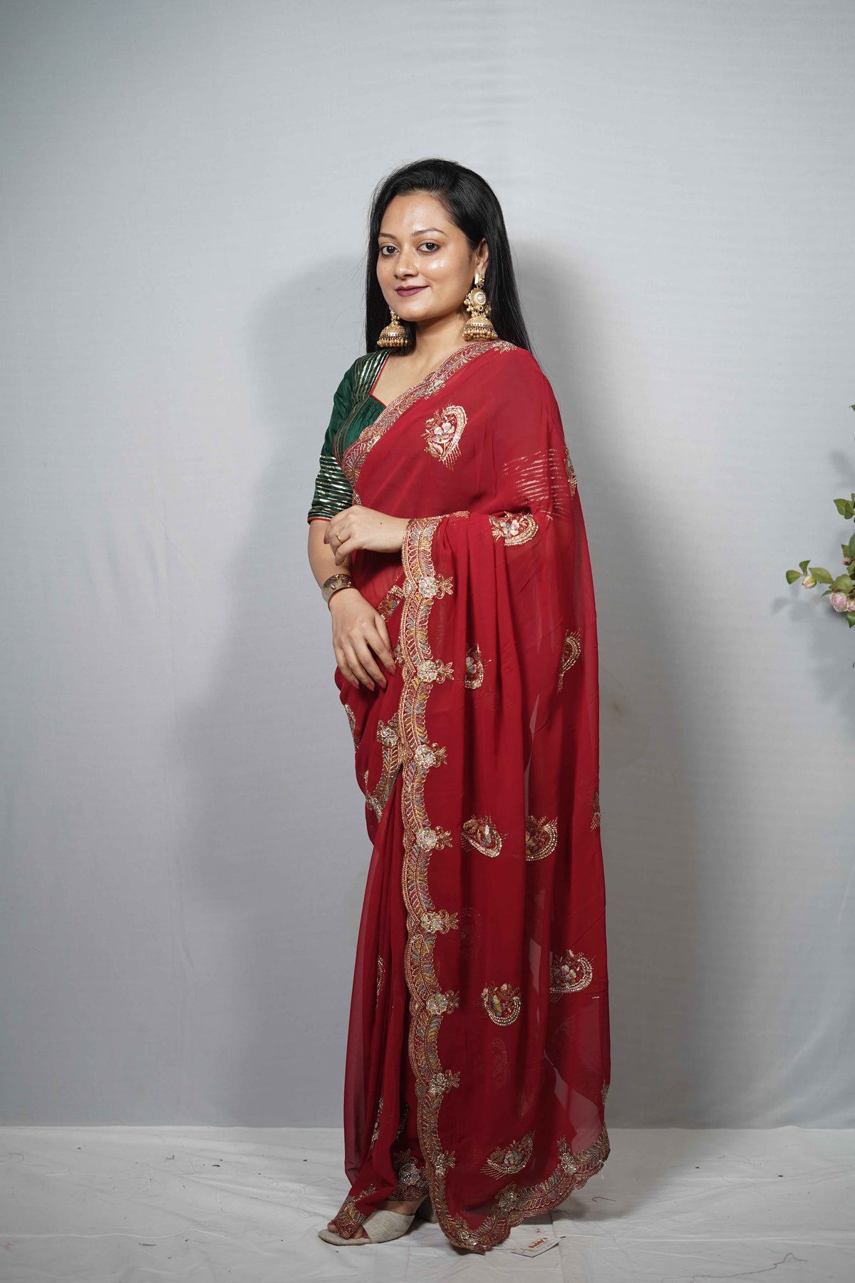 Silk Saree with Scalloped Zari and stone Embroidered Border & Paisley Motifs | Party Wear Saree