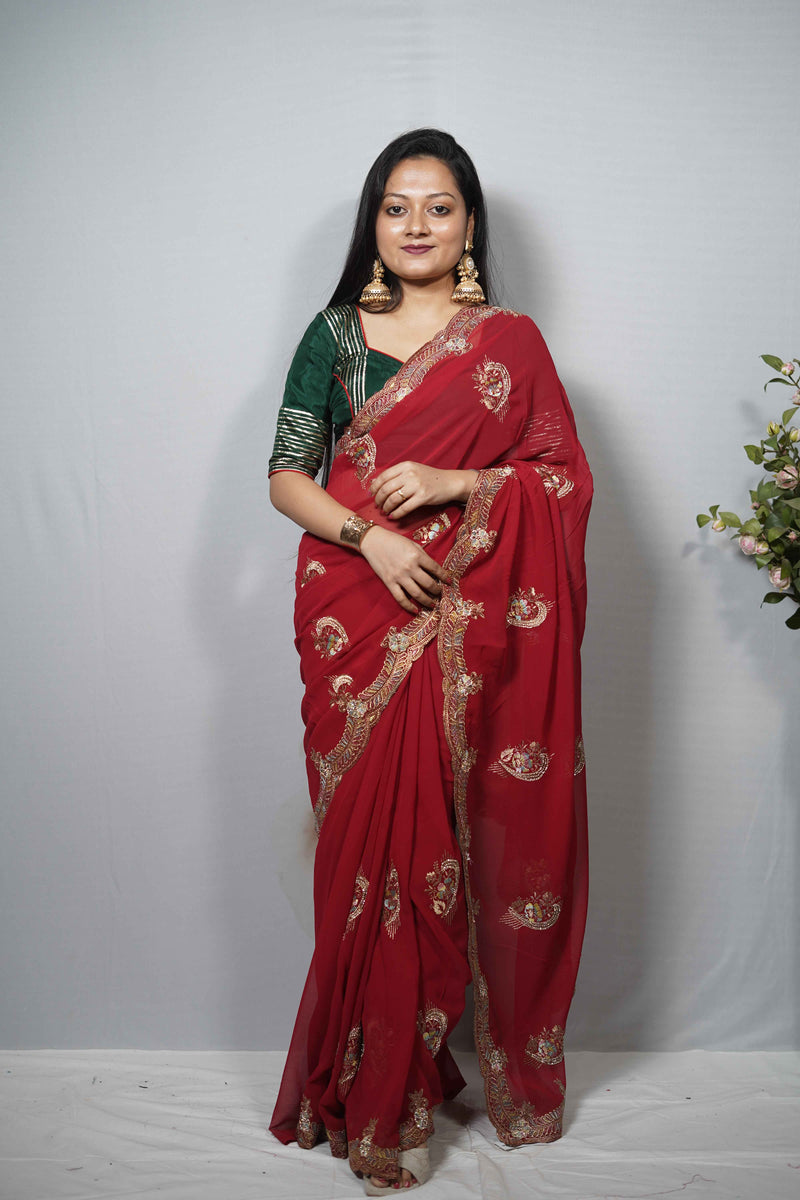 Silk Saree with Scalloped Zari and stone Embroidered Border & Paisley Motifs | Party Wear Saree