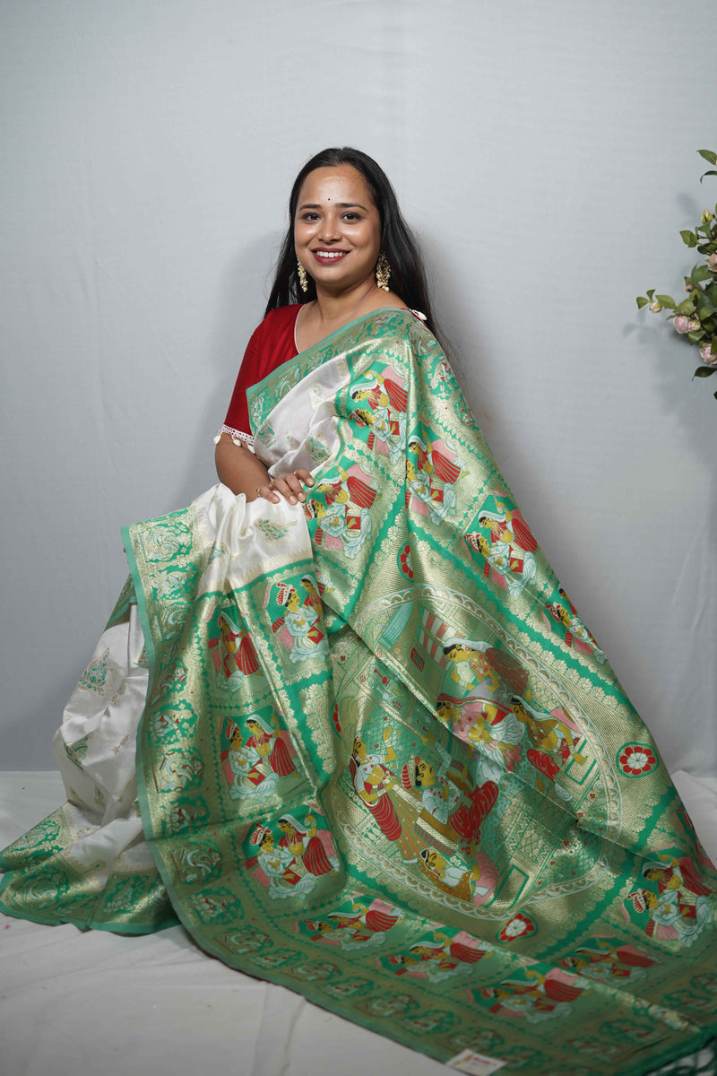 Premium Baluchari Silk Saree with Royal Court Meenakari Borders & Heritage Pallu