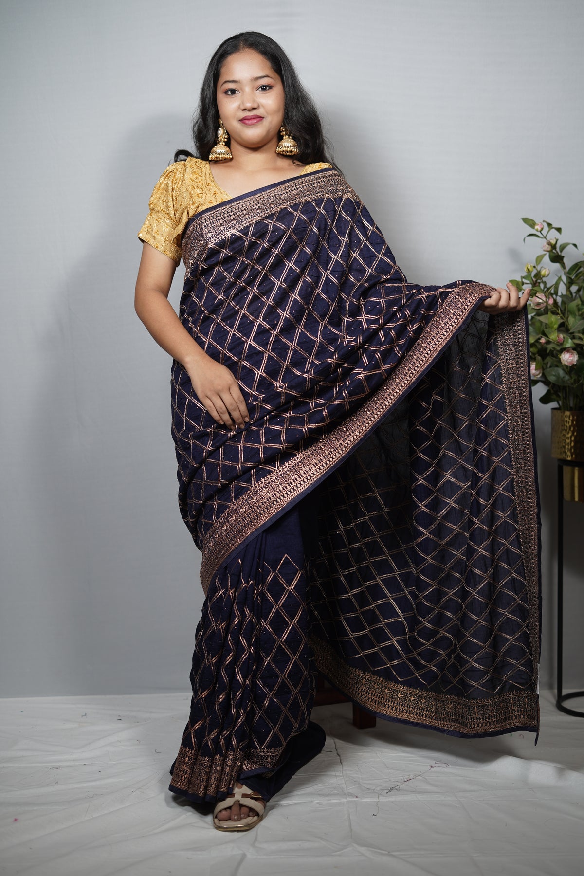Premium Saree with Geometric Diamond Zari Jaal & Embellished Border
