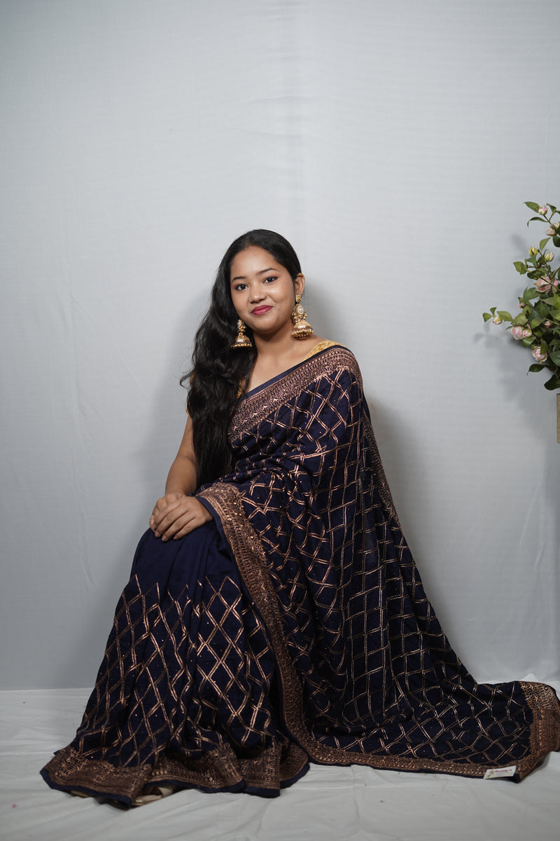 Premium Saree with Geometric Diamond Zari Jaal & Embellished Border