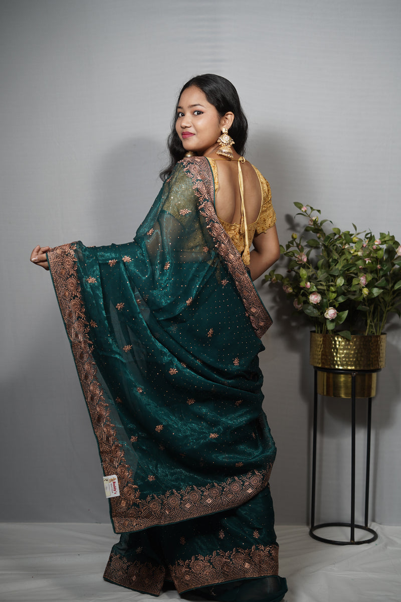 Premium Georgette Saree with Delicate Woven Butis & Elaborate Embroidered Border