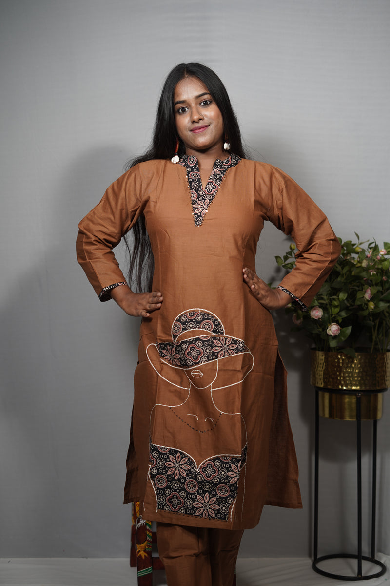 Rust Brown Cotton Kurta with Ajrakh-Print Lady-Figure Applique & Pearl Embroidery