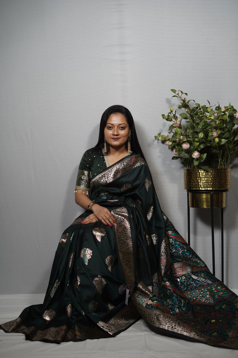 Katan Silk Saree with Golden Zari & Ornate Peacock Meenakari Pallu
