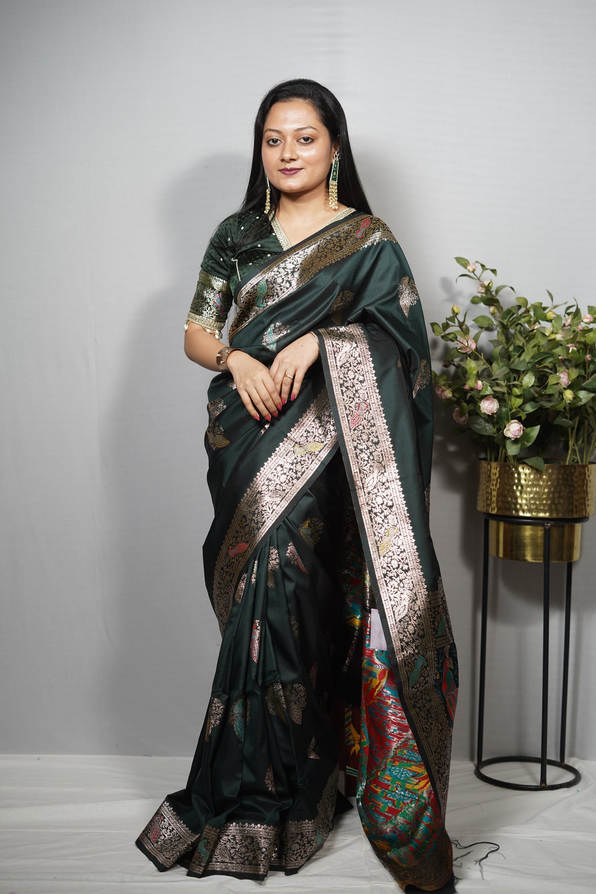 Katan Silk Saree with Golden Zari & Ornate Peacock Meenakari Pallu