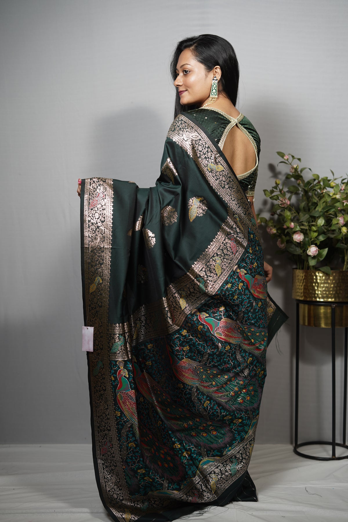 Katan Silk Saree with Golden Zari & Ornate Peacock Meenakari Pallu