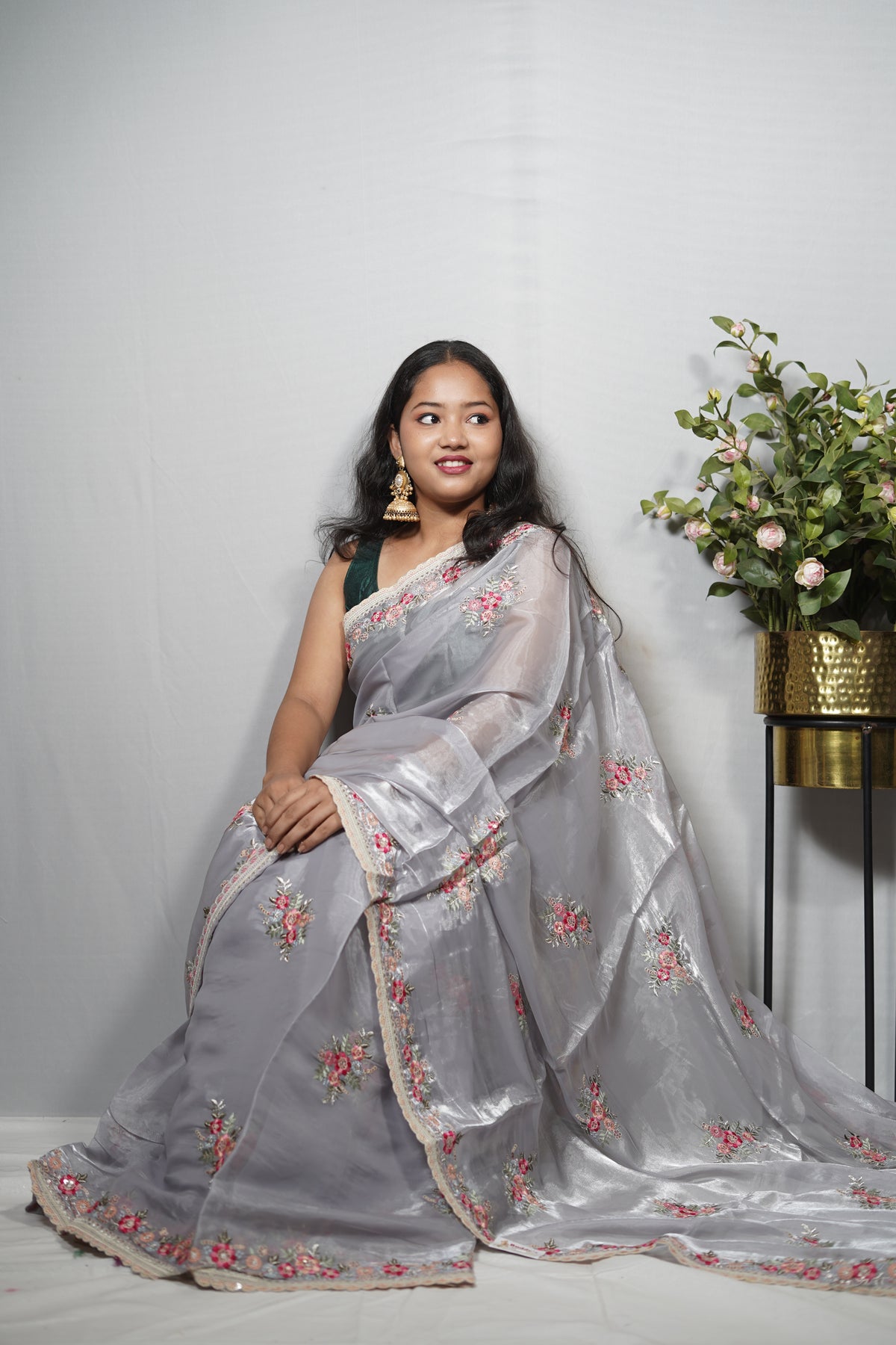 Silver Grey Silk Saree with Floral Applique Bootis & Scalloped Zari Border | Party Wear Saree