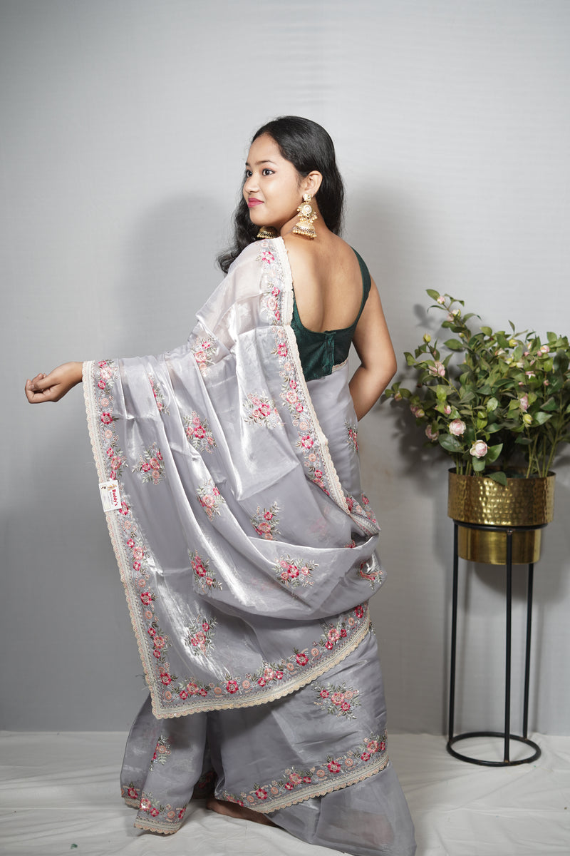 Silver Grey Silk Saree with Floral Applique Bootis & Scalloped Zari Border | Party Wear Saree