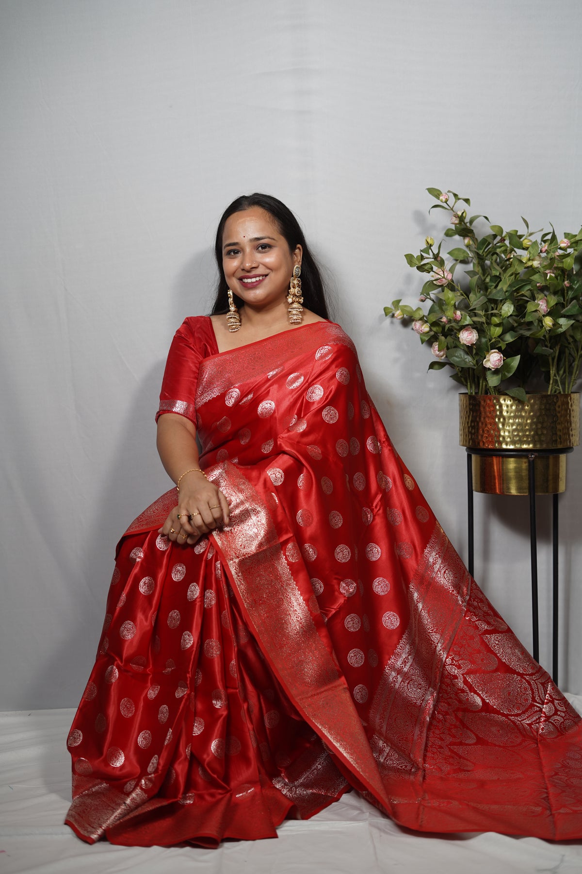Classic Mashru Katan Silk Saree with Elegant Silver Zari Buta & Traditional Border