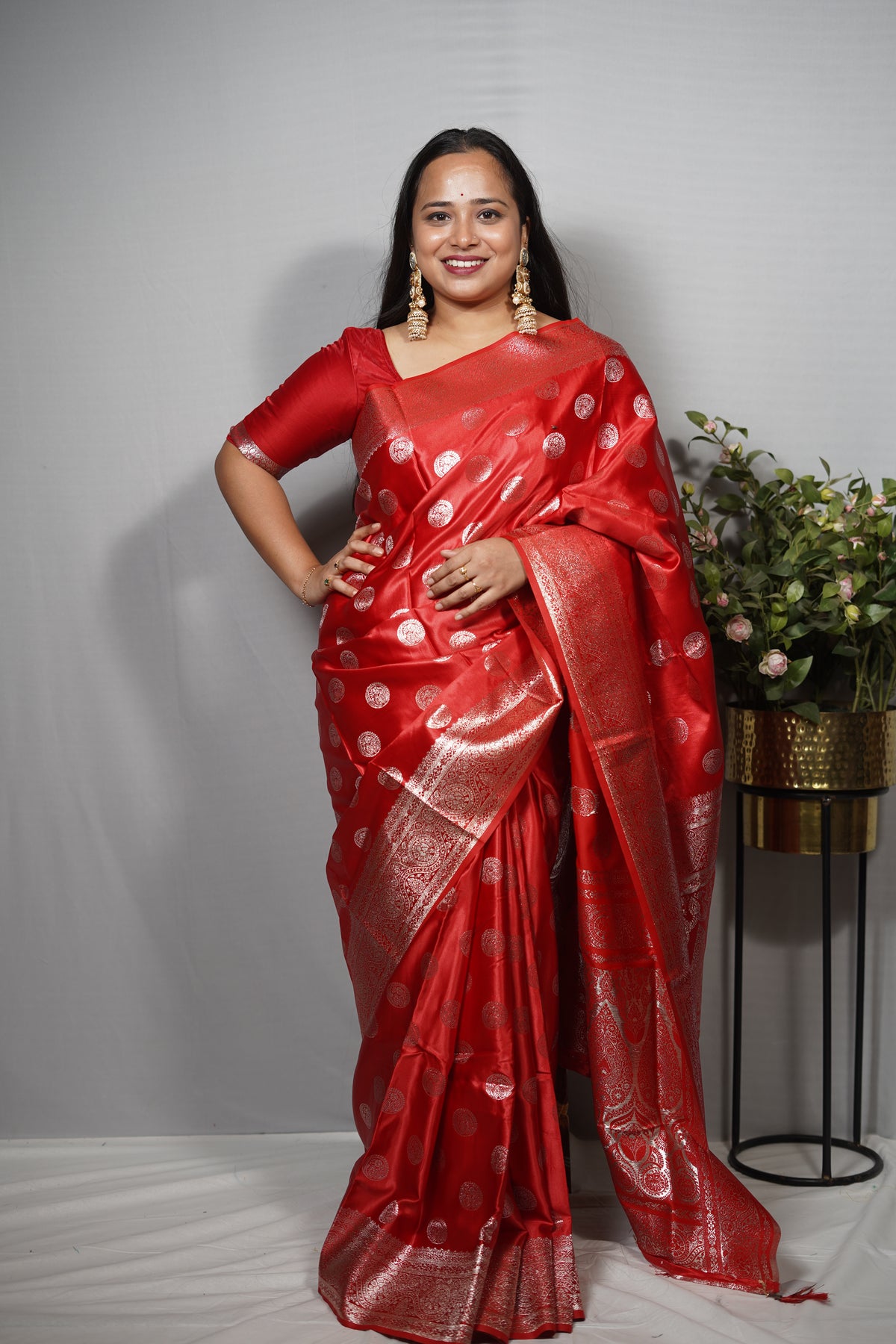 Classic Mashru Katan Silk Saree with Elegant Silver Zari Buta & Traditional Border