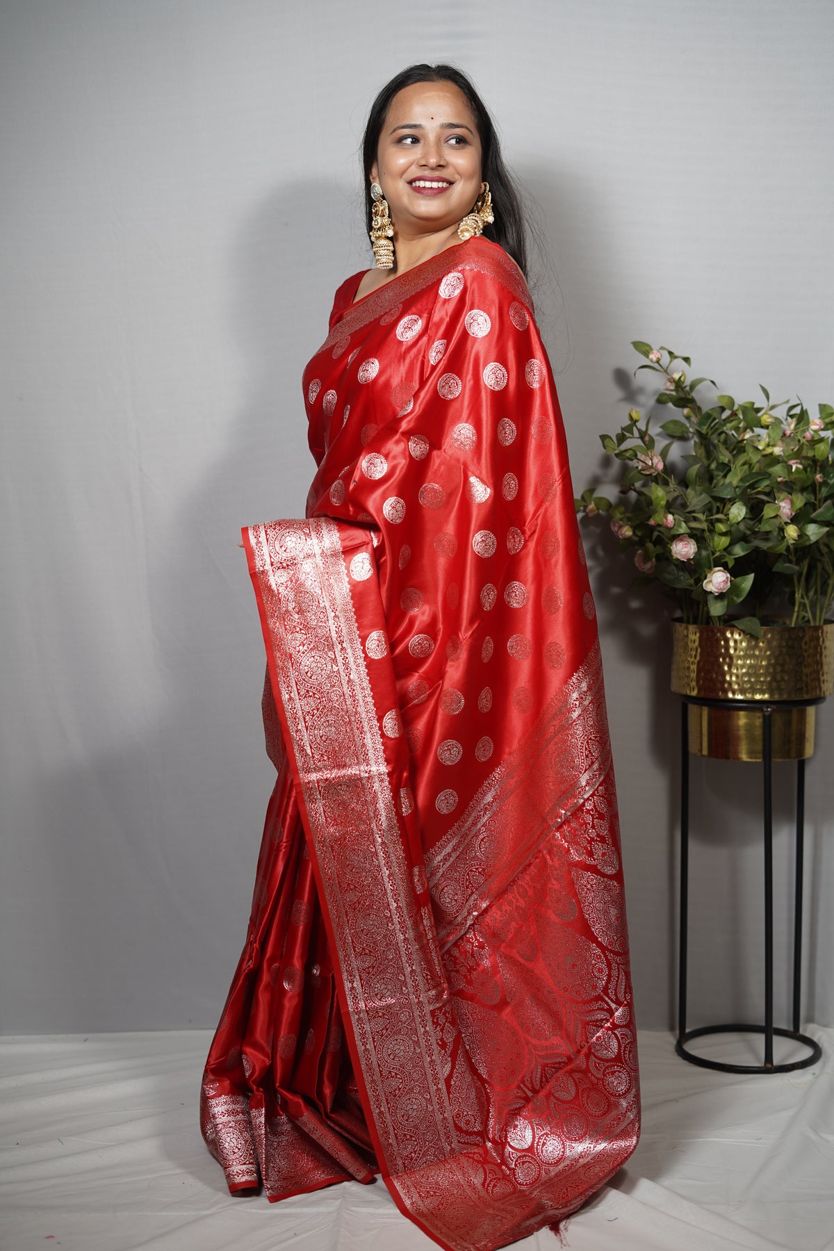 Classic Mashru Katan Silk Saree with Elegant Silver Zari Buta & Traditional Border