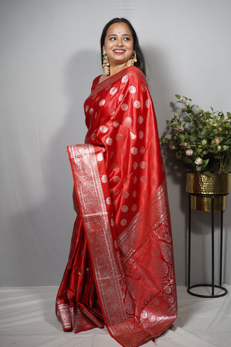 Classic Mashru Katan Silk Saree with Elegant Silver Zari Buta & Traditional Border