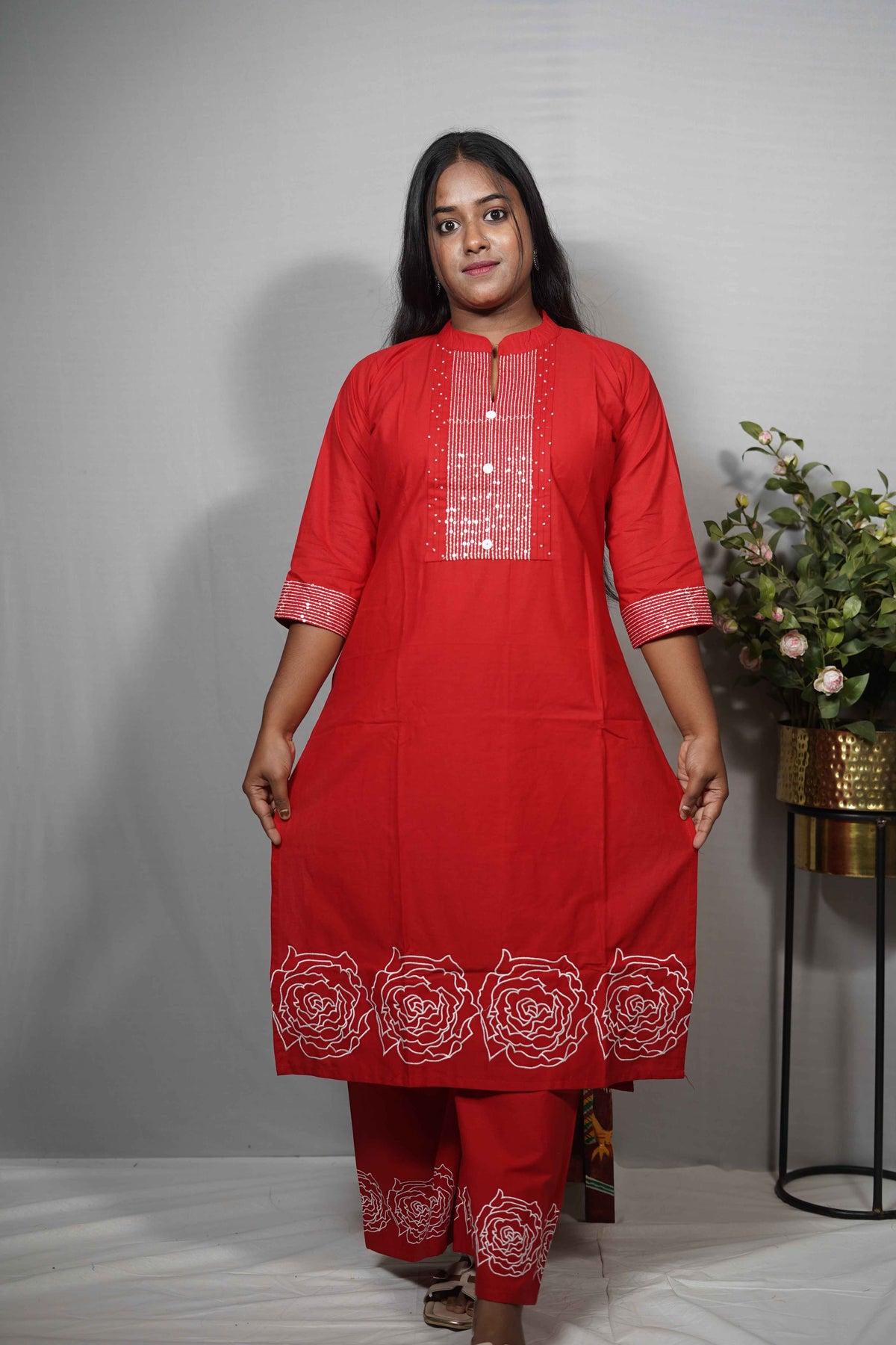 Cotton Kurta Set with Sequin Pintuck Yoke & Rose Embroidered Hem — Kurta & Palazzo