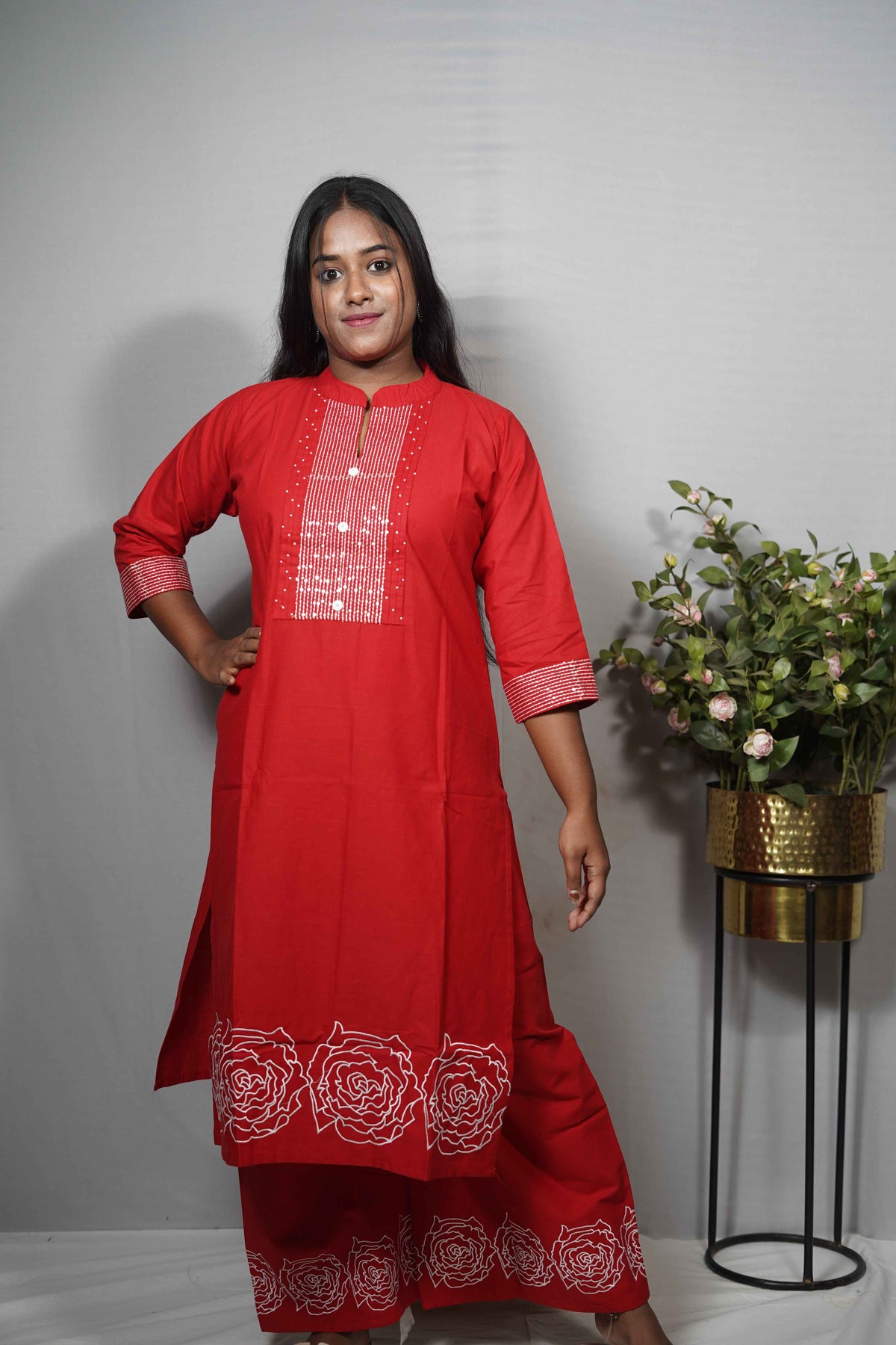 Cotton Kurta Set with Sequin Pintuck Yoke & Rose Embroidered Hem — Kurta & Palazzo