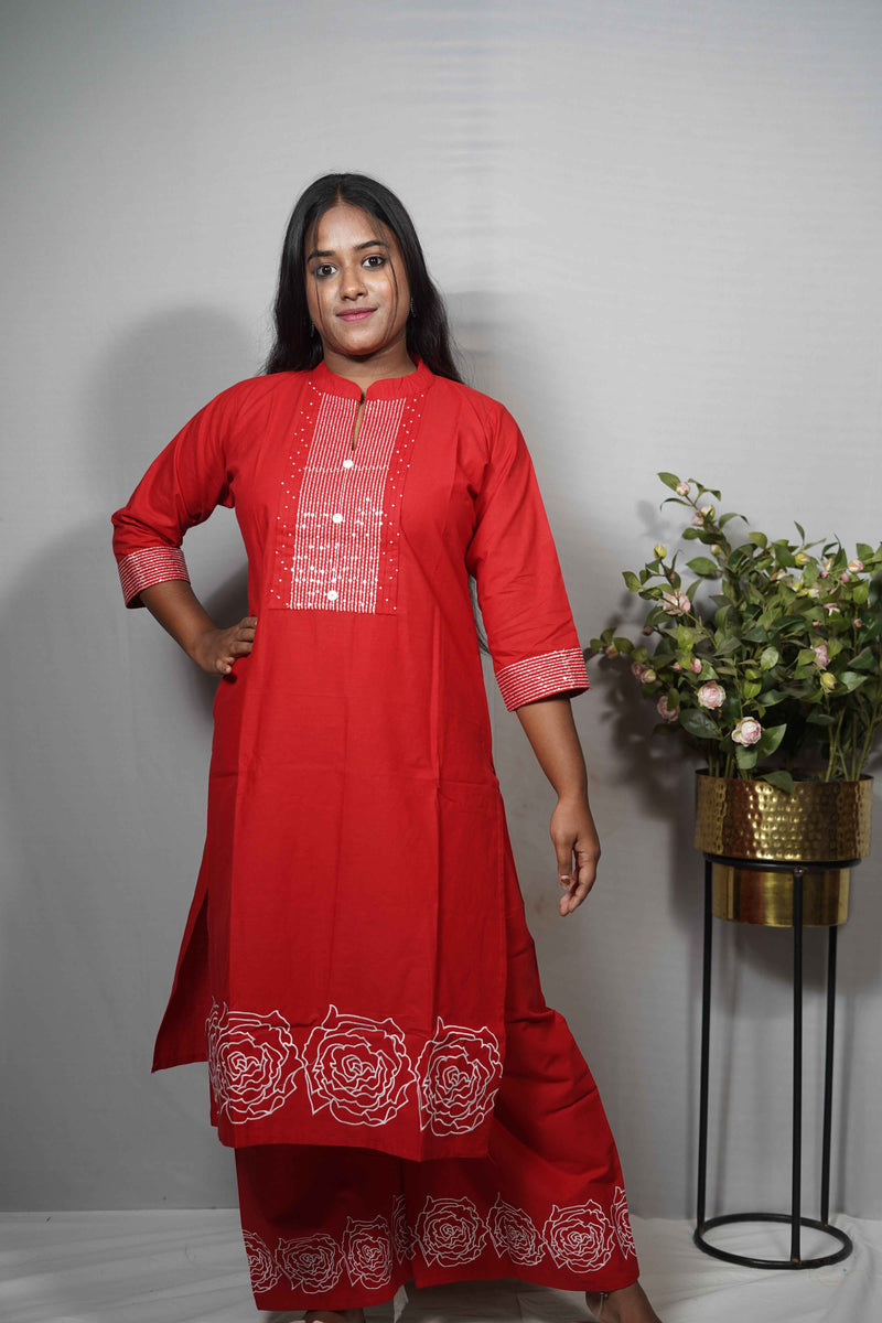 Cotton Kurta Set with Sequin Pintuck Yoke & Rose Embroidered Hem — Kurta & Palazzo