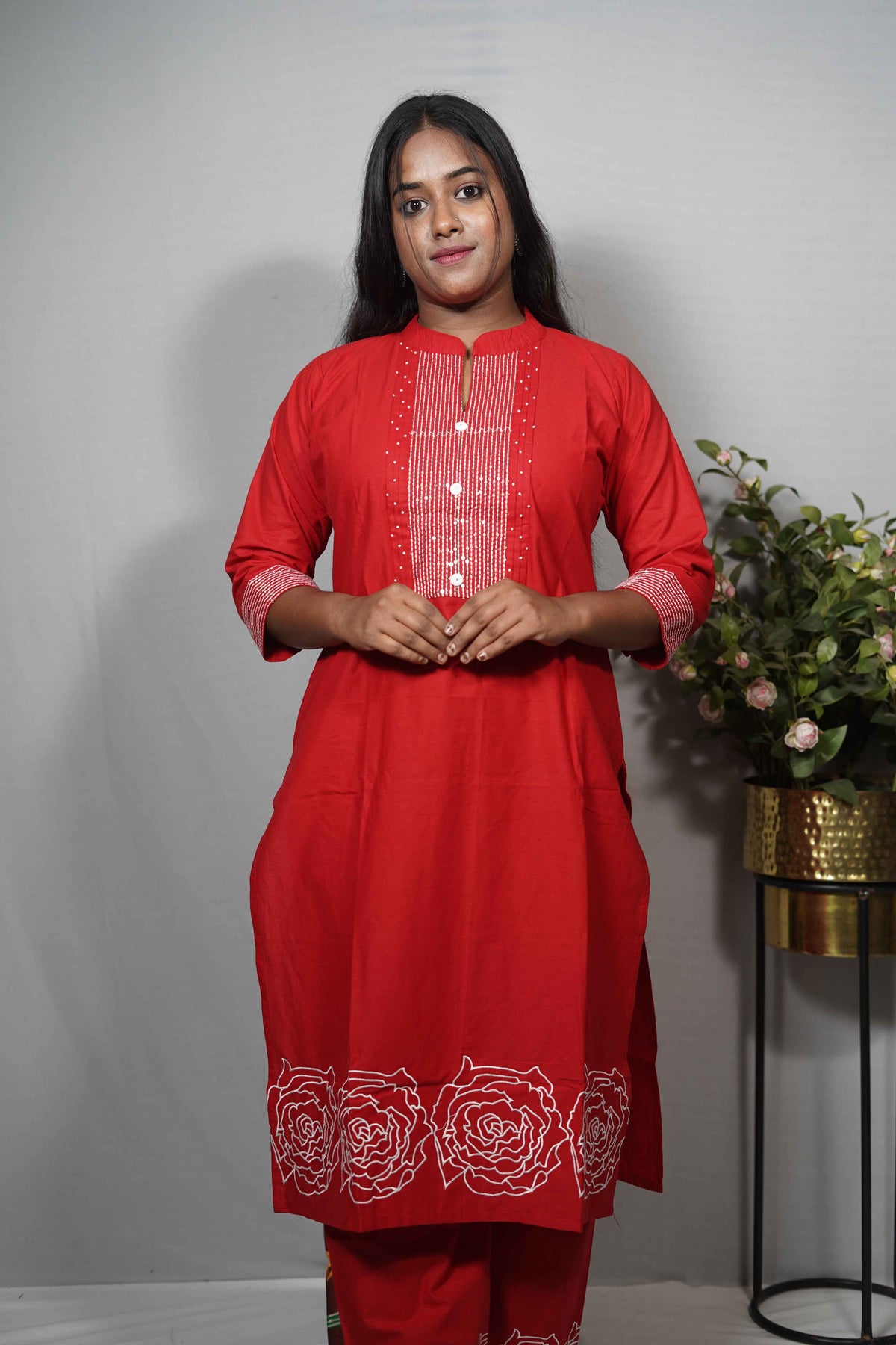 Cotton Kurta Set with Sequin Pintuck Yoke & Rose Embroidered Hem — Kurta & Palazzo