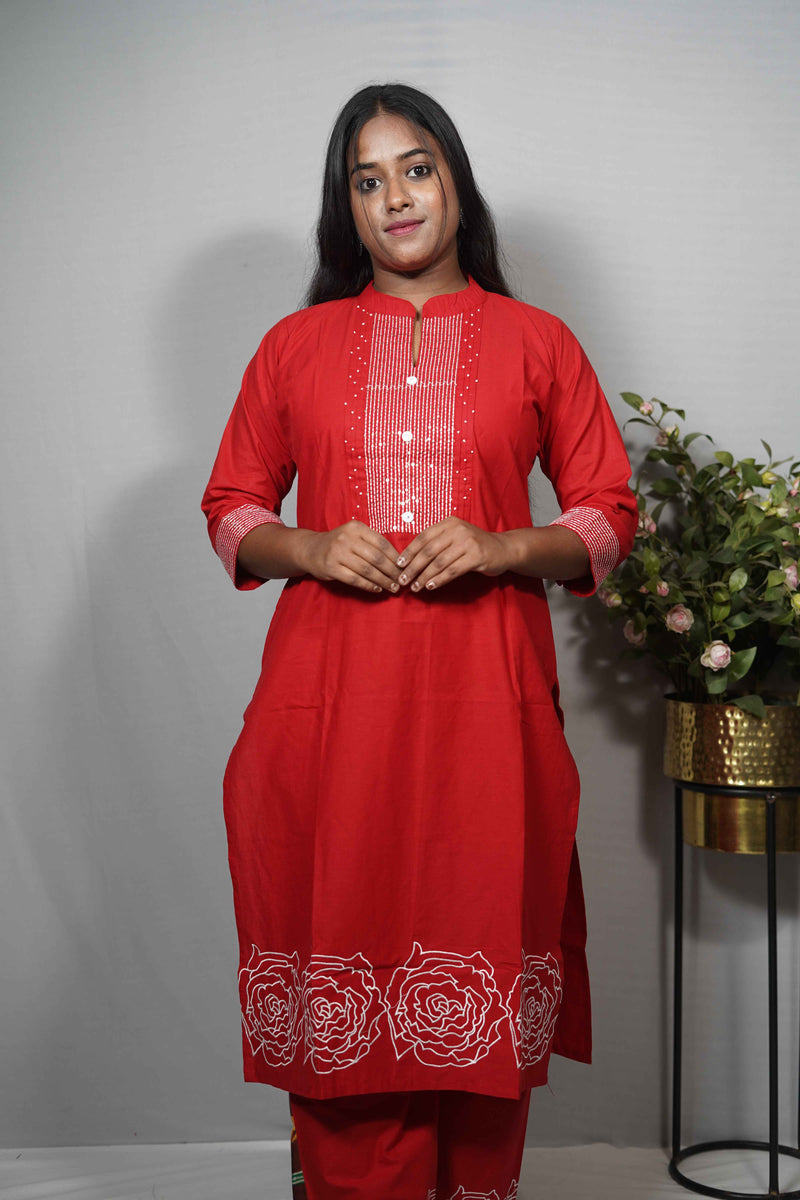 Cotton Kurta Set with Sequin Pintuck Yoke & Rose Embroidered Hem — Kurta & Palazzo
