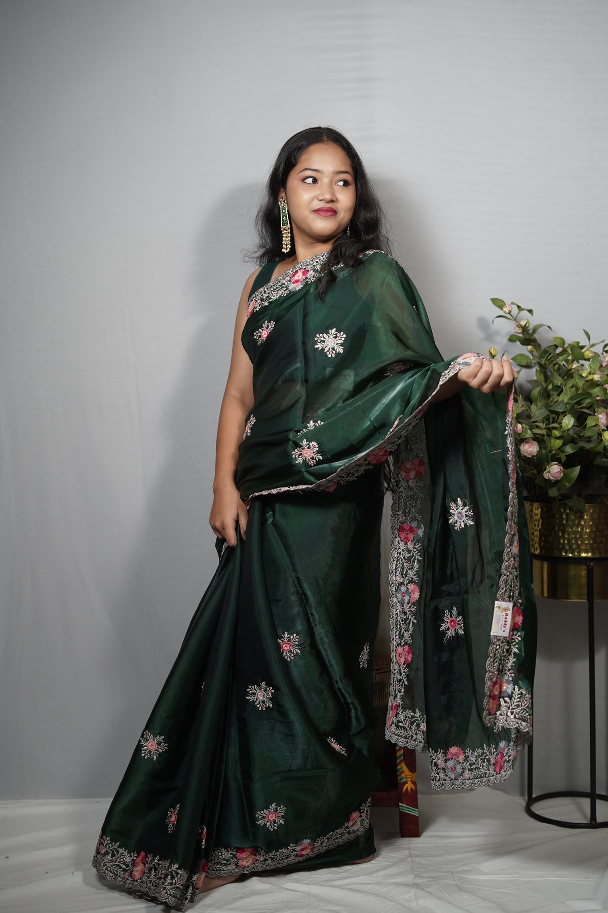 Emerald Green Silk Saree with Floral Applique Bootis & Embroidered Border | Party Wear Saree