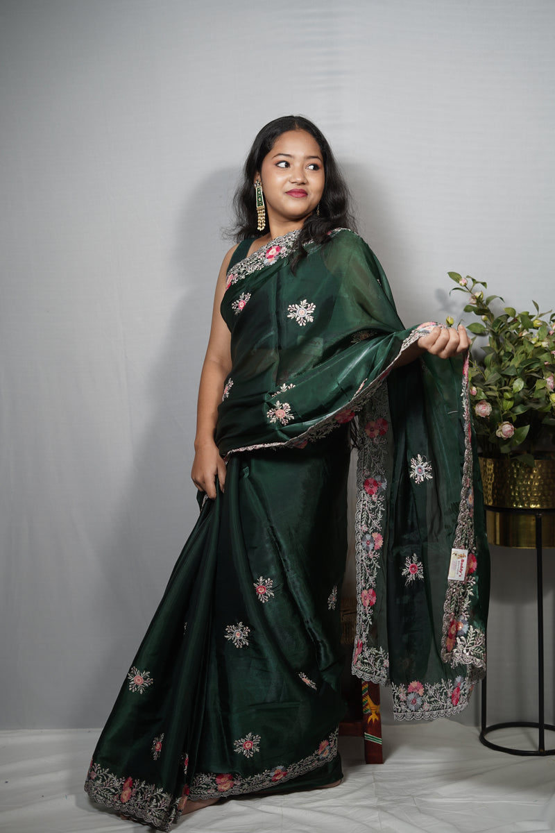 Emerald Green Silk Saree with Floral Applique Bootis & Embroidered Border | Party Wear Saree
