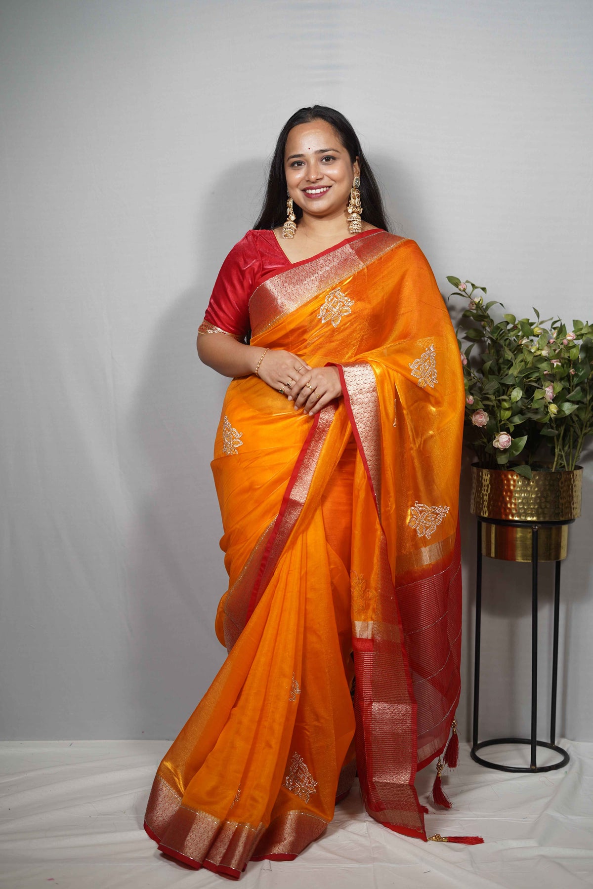 Vibrant Silk Saree with Zari Woven Border & Applique Bootis | Party Wear Saree