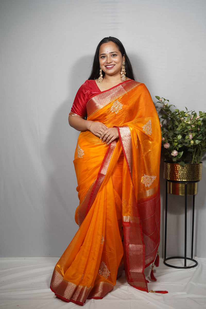 Vibrant Silk Saree with Zari Woven Border & Applique Bootis | Party Wear Saree
