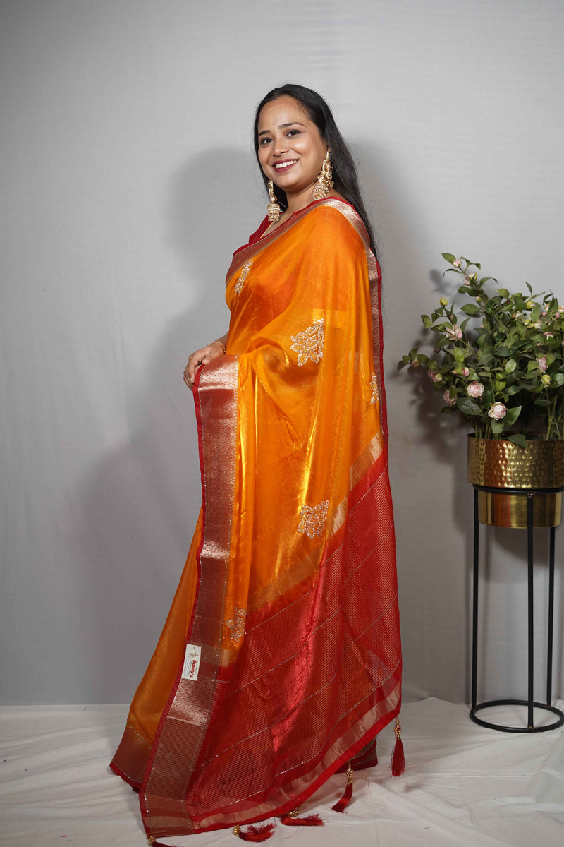 Vibrant Silk Saree with Zari Woven Border & Applique Bootis | Party Wear Saree