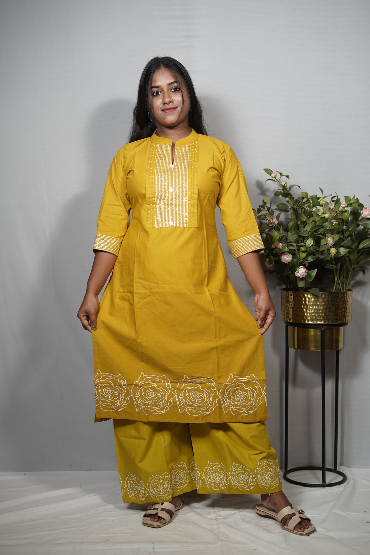 Cotton Kurta Set with Sequin Pintuck Yoke & Rose Embroidered Hem — Kurta & Palazzo