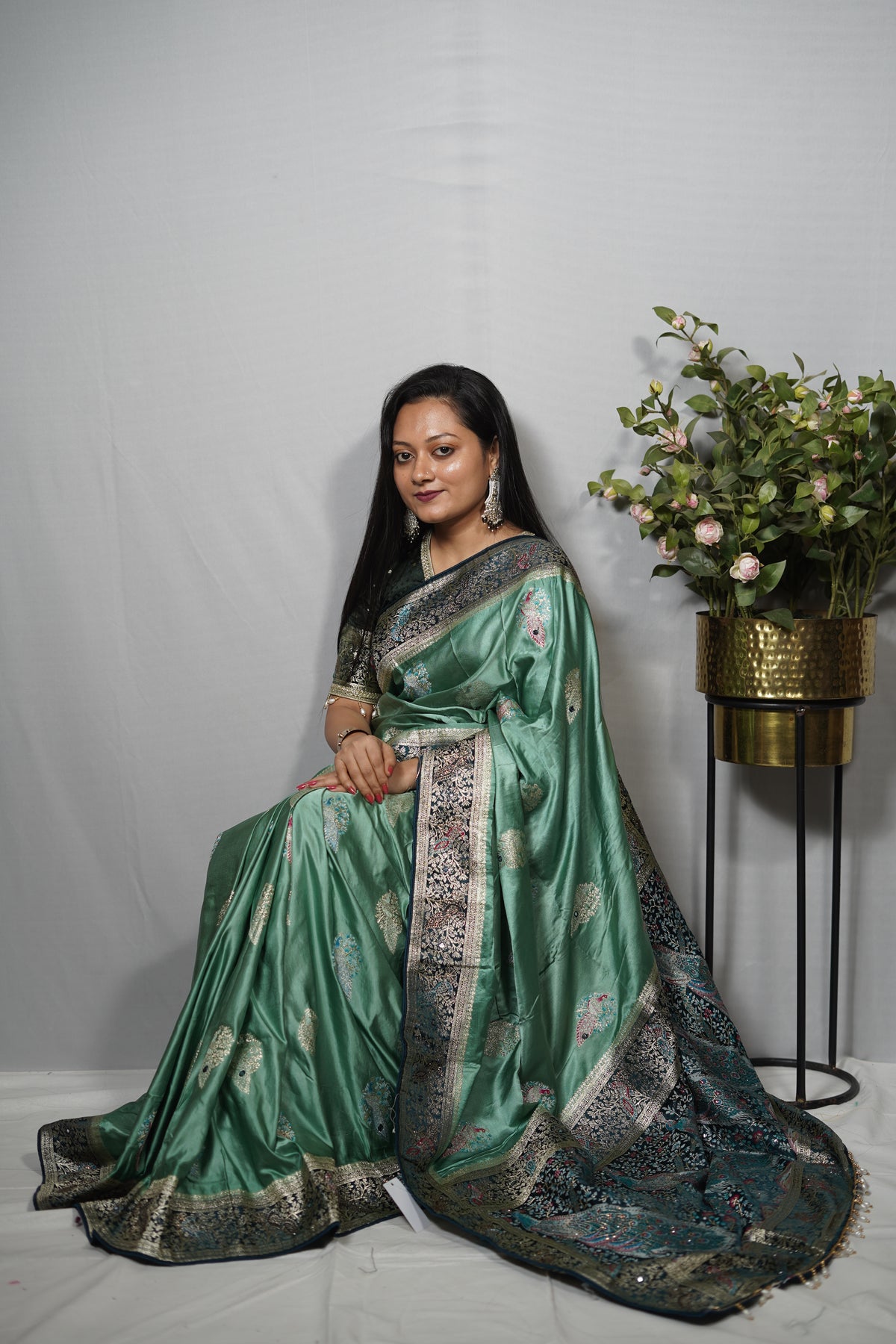 Women's Luxury Satin Silk Saree with Contrast Border and Tassels