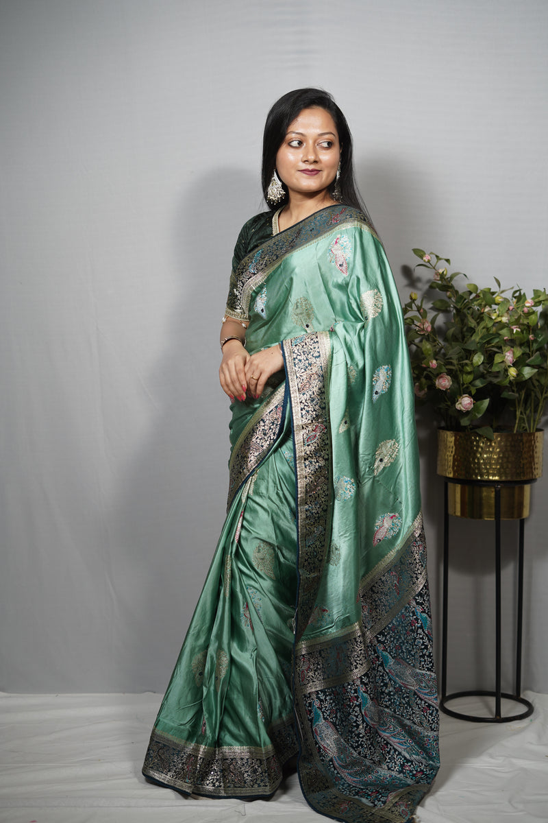 Women's Luxury Satin Silk Saree with Contrast Border and Tassels