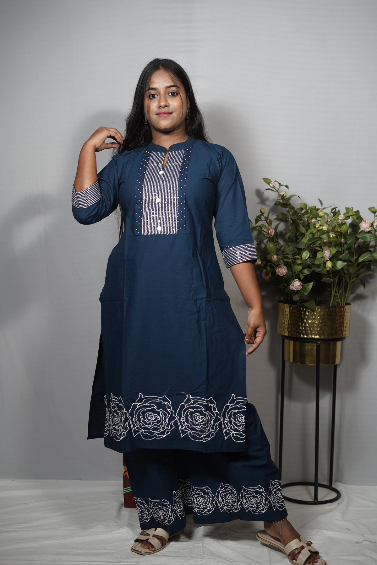 Cotton Kurta Set with Sequin Pintuck Yoke & Rose Embroidered Hem — Kurta & Palazzo