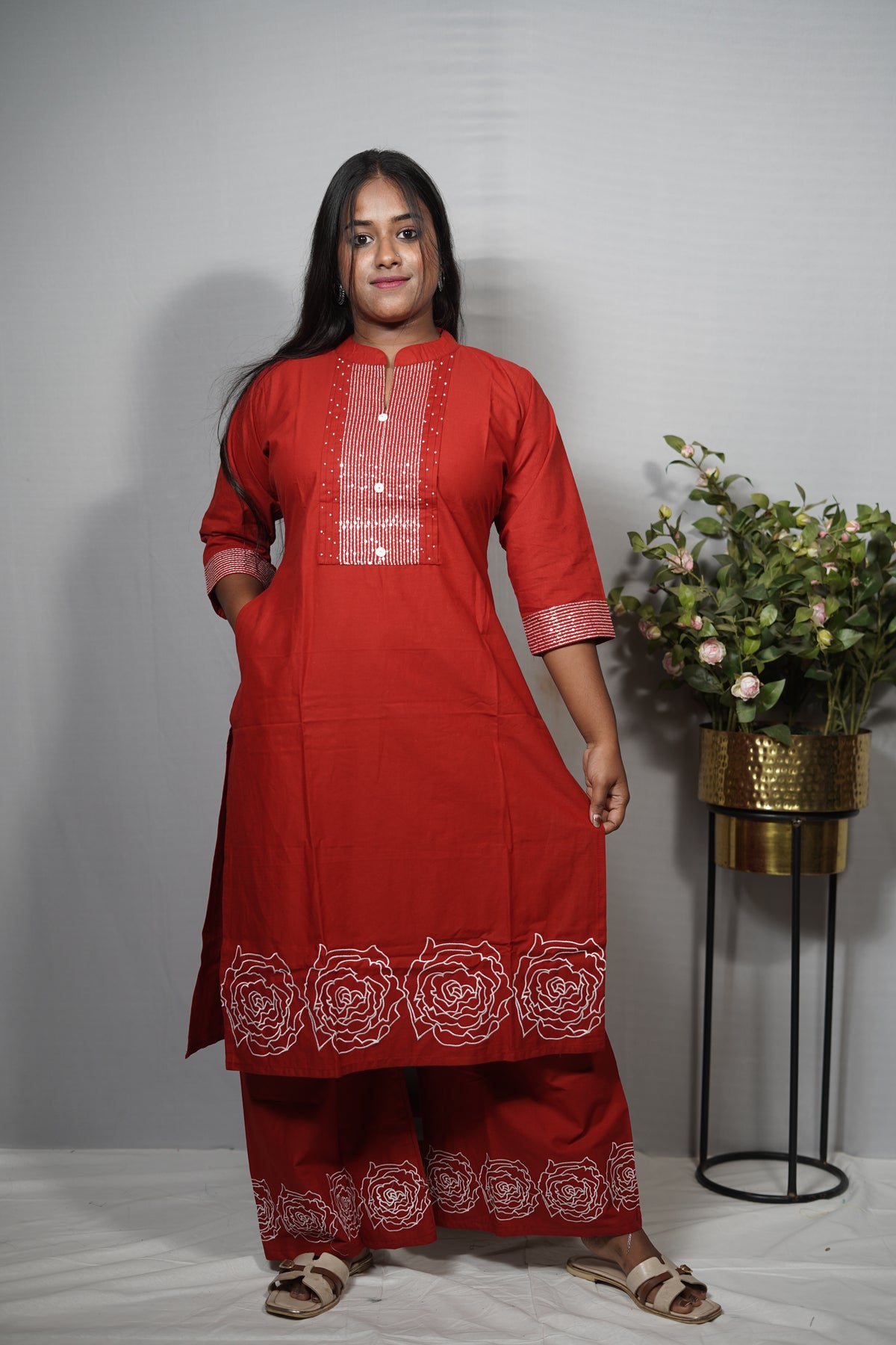 Cotton Kurta Set with Sequin Pintuck Yoke & Rose Embroidered Hem — Kurta & Palazzo