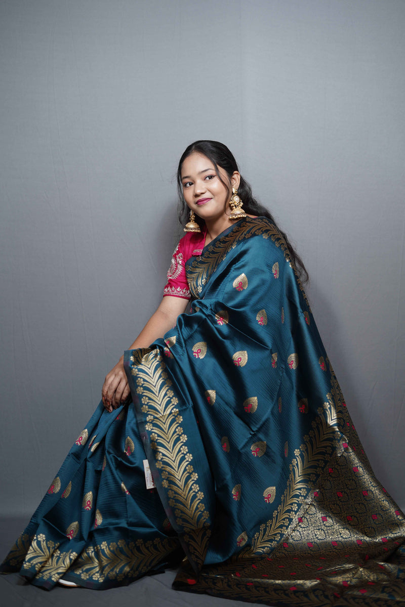 Silk Saree with Kashmiri Jamawar Print Border | Paisley Motif Party Wear Saree with Tassels