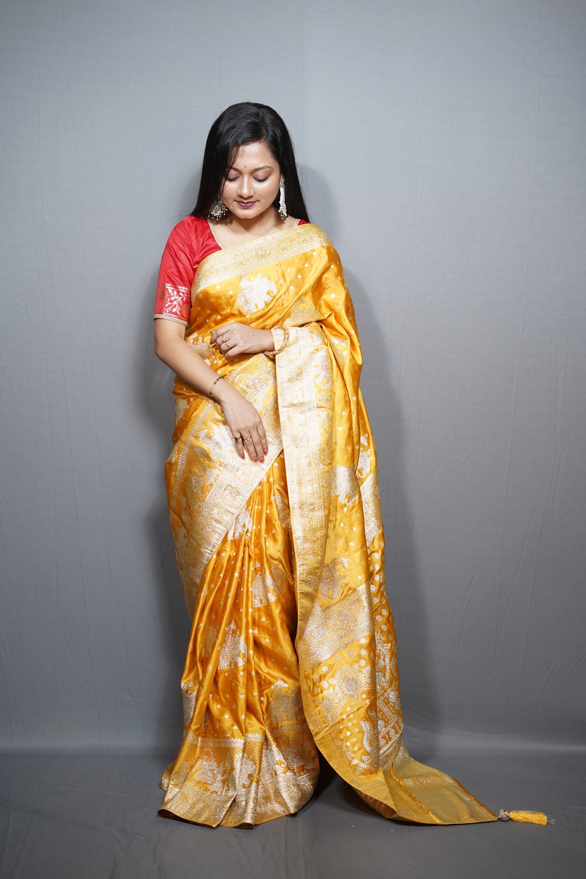 Silk Saree with Kashmiri Jamawar Print Border | Paisley Motif Party Wear Saree with Tassels