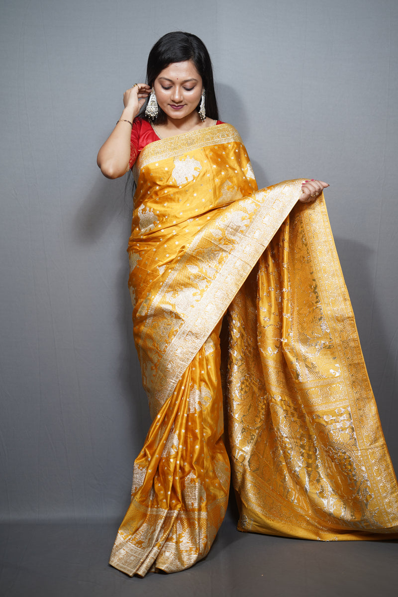 Silk Saree with Kashmiri Jamawar Print Border | Paisley Motif Party Wear Saree with Tassels