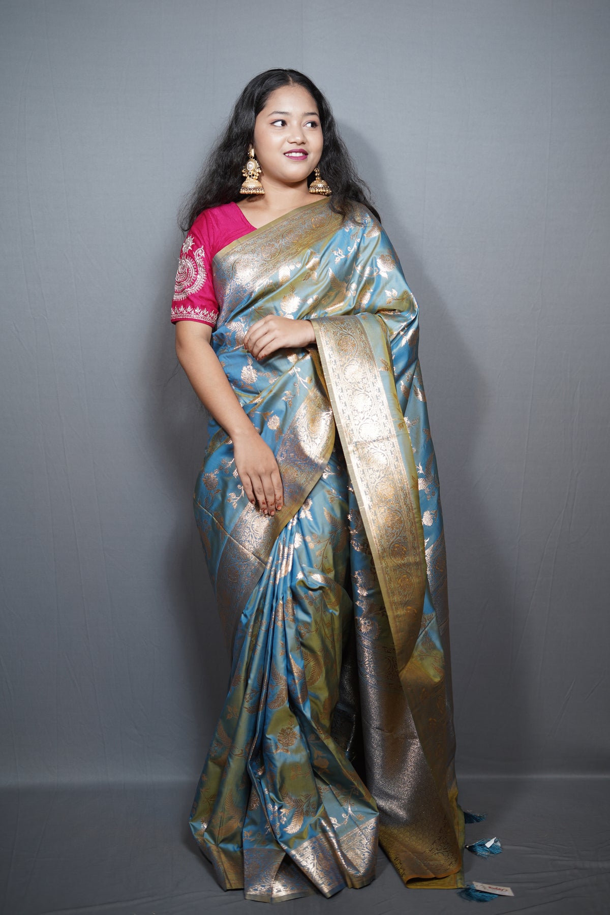 Premium Banarasi Tussar Silk Saree with Antique Gold Zari Floral Jaal & Heavy Pallu