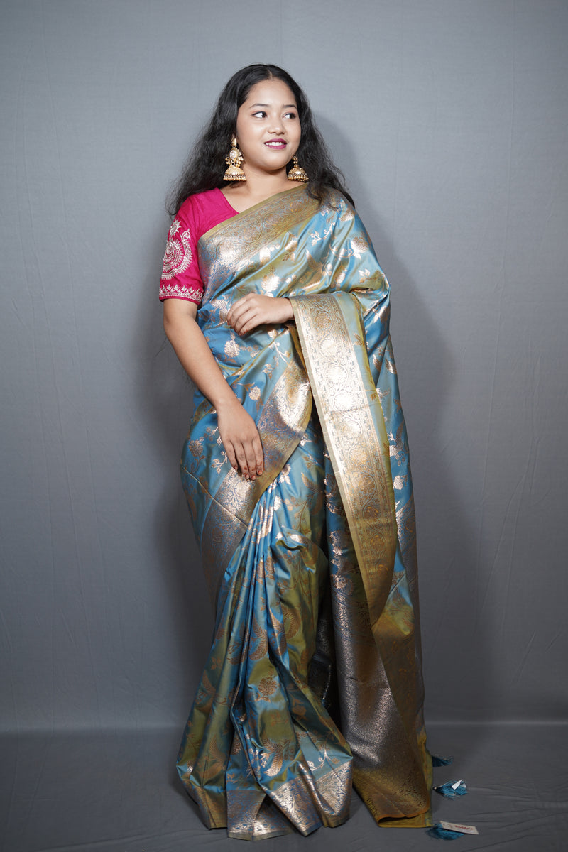Premium Banarasi Tussar Silk Saree with Antique Gold Zari Floral Jaal & Heavy Pallu