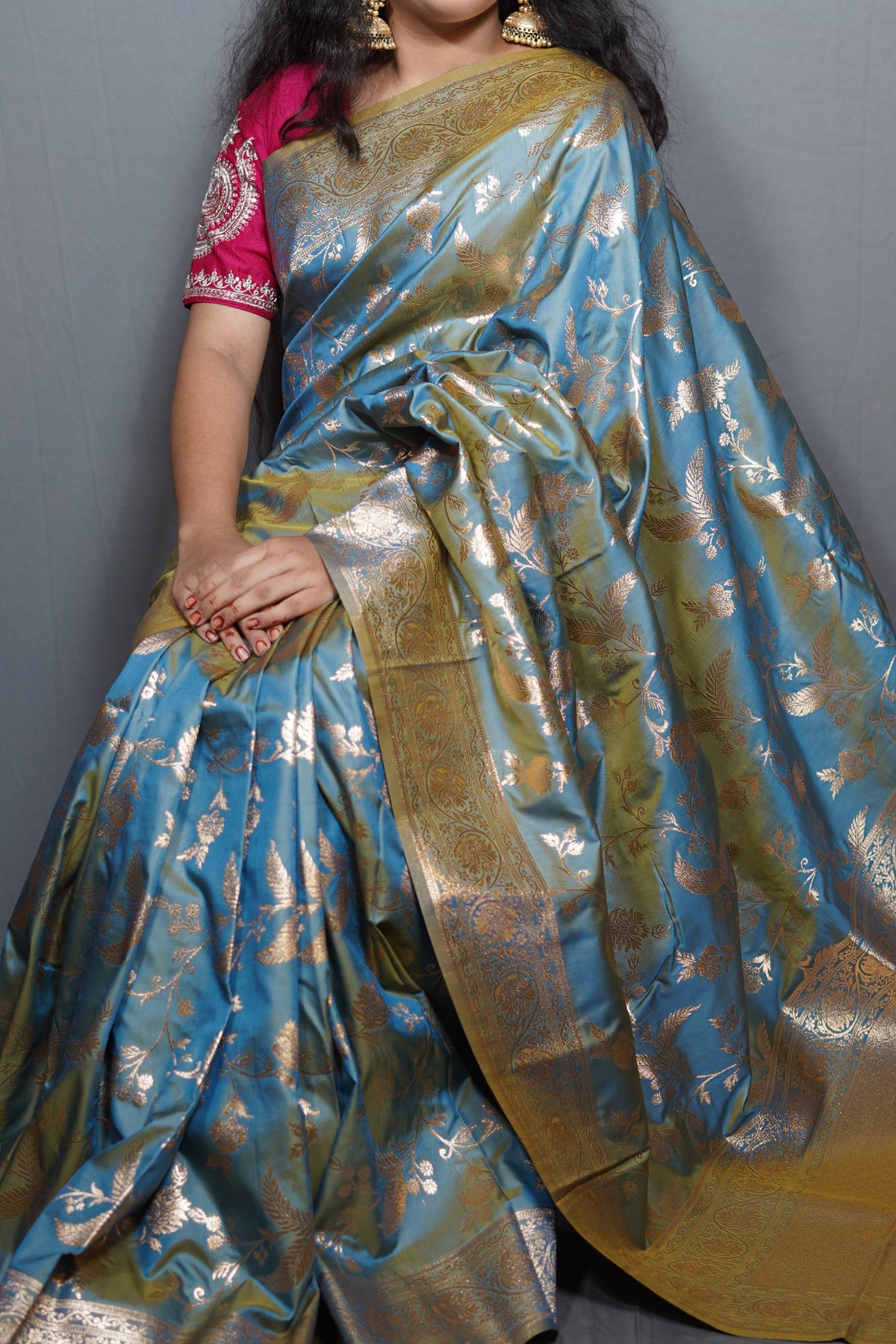 Premium Banarasi Tussar Silk Saree with Antique Gold Zari Floral Jaal & Heavy Pallu