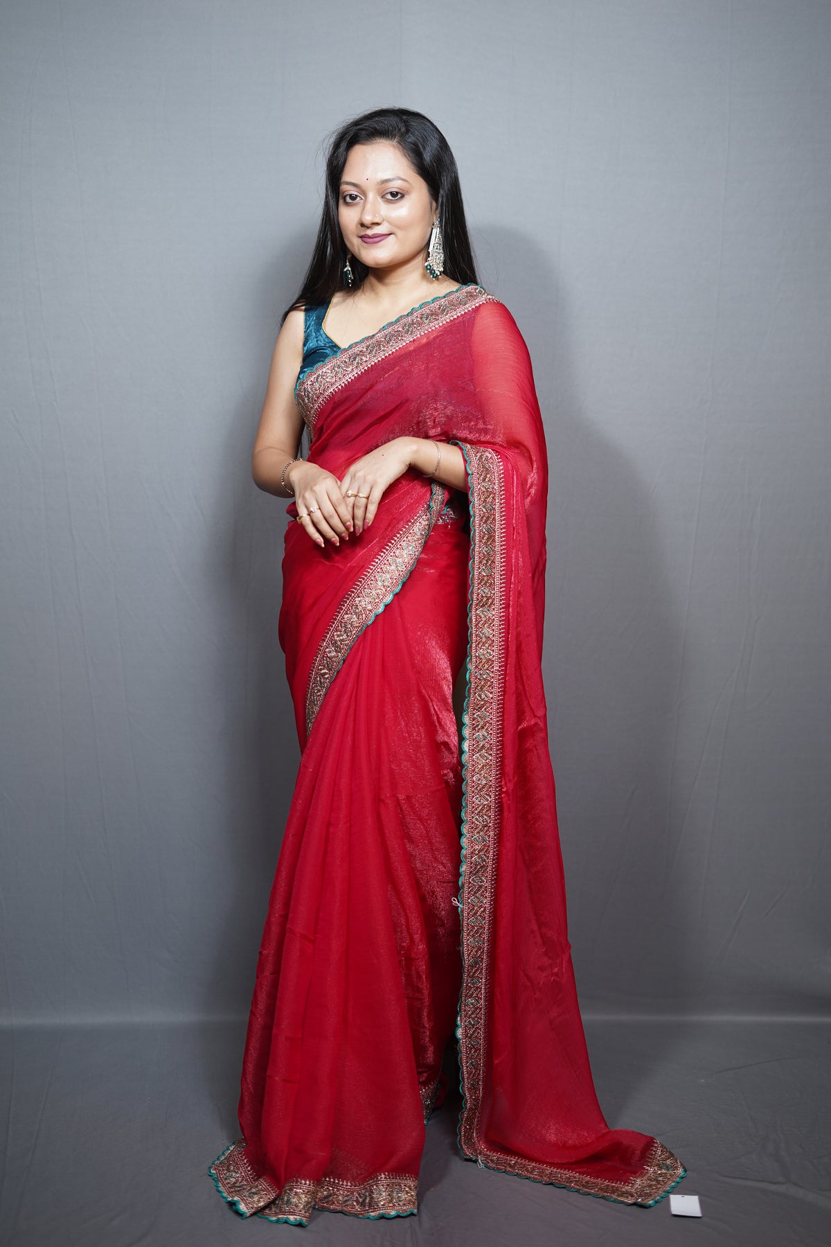 Frendy Saree with Ornate Embroidered Border & Contrast Teal Edging