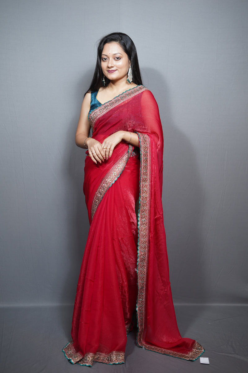 Frendy Saree with Ornate Embroidered Border & Contrast Teal Edging