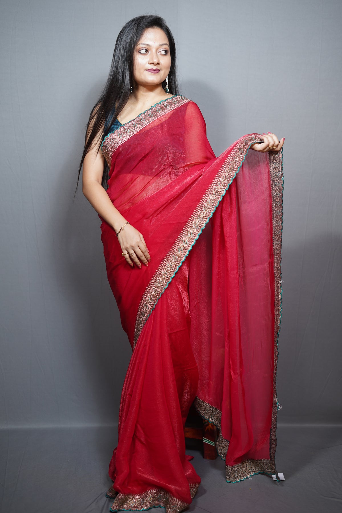 Frendy Saree with Ornate Embroidered Border & Contrast Teal Edging