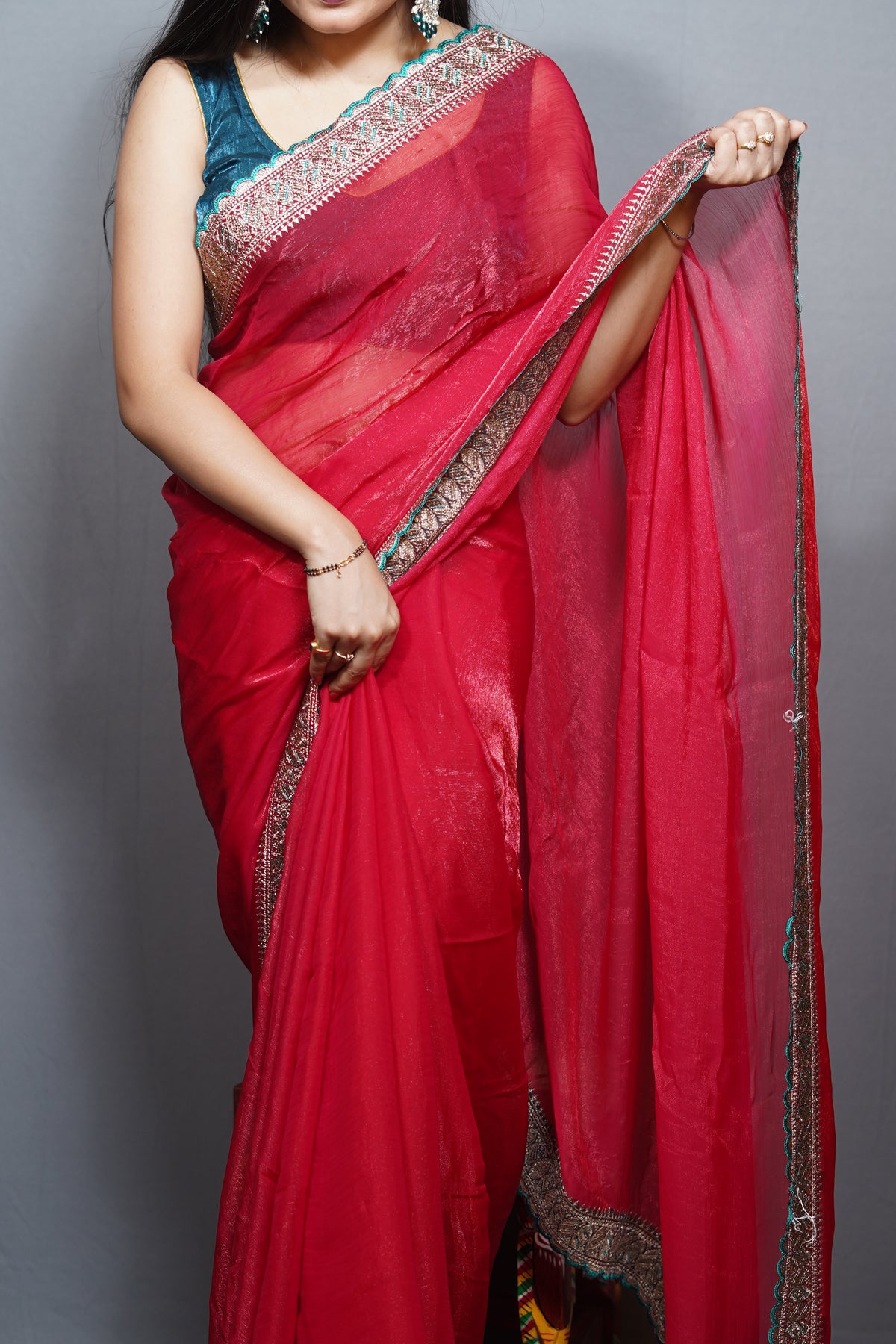 Frendy Saree with Ornate Embroidered Border & Contrast Teal Edging