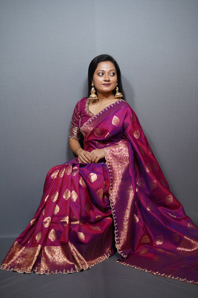 Dual-Tone Banarasi Silk Saree with Gold Zari Paisley Motifs & Scalloped Stone Border