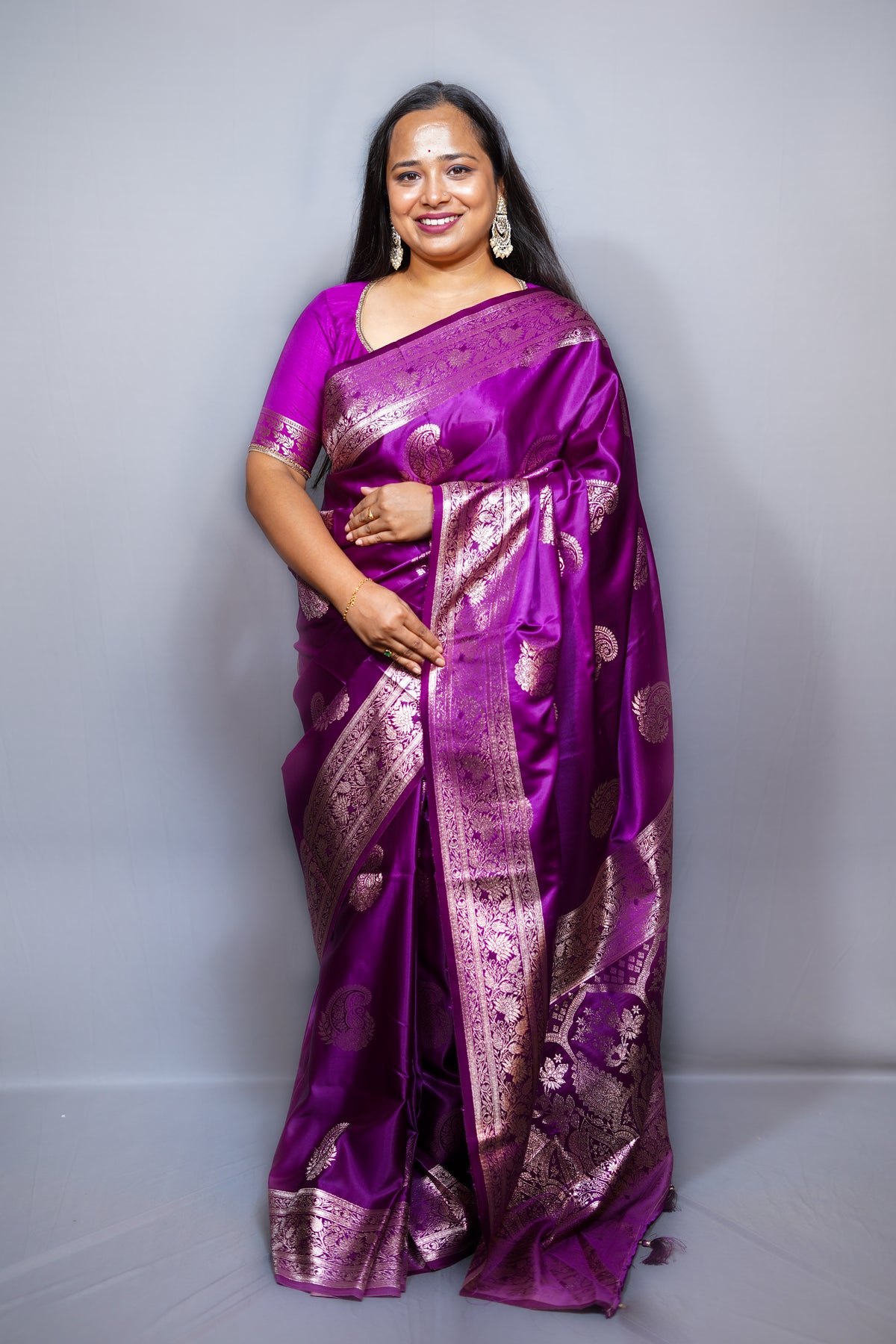 Mashru Silk Saree with Golden Zari Paisley Motifs & Ornate Floral Border