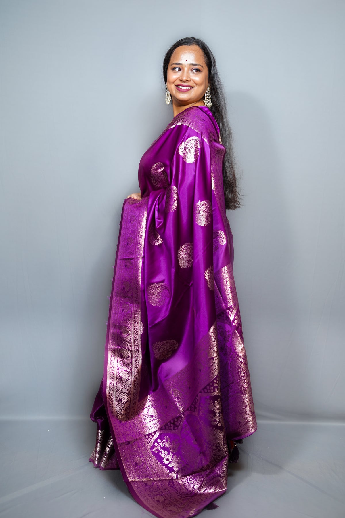 Mashru Silk Saree with Golden Zari Paisley Motifs & Ornate Floral Border