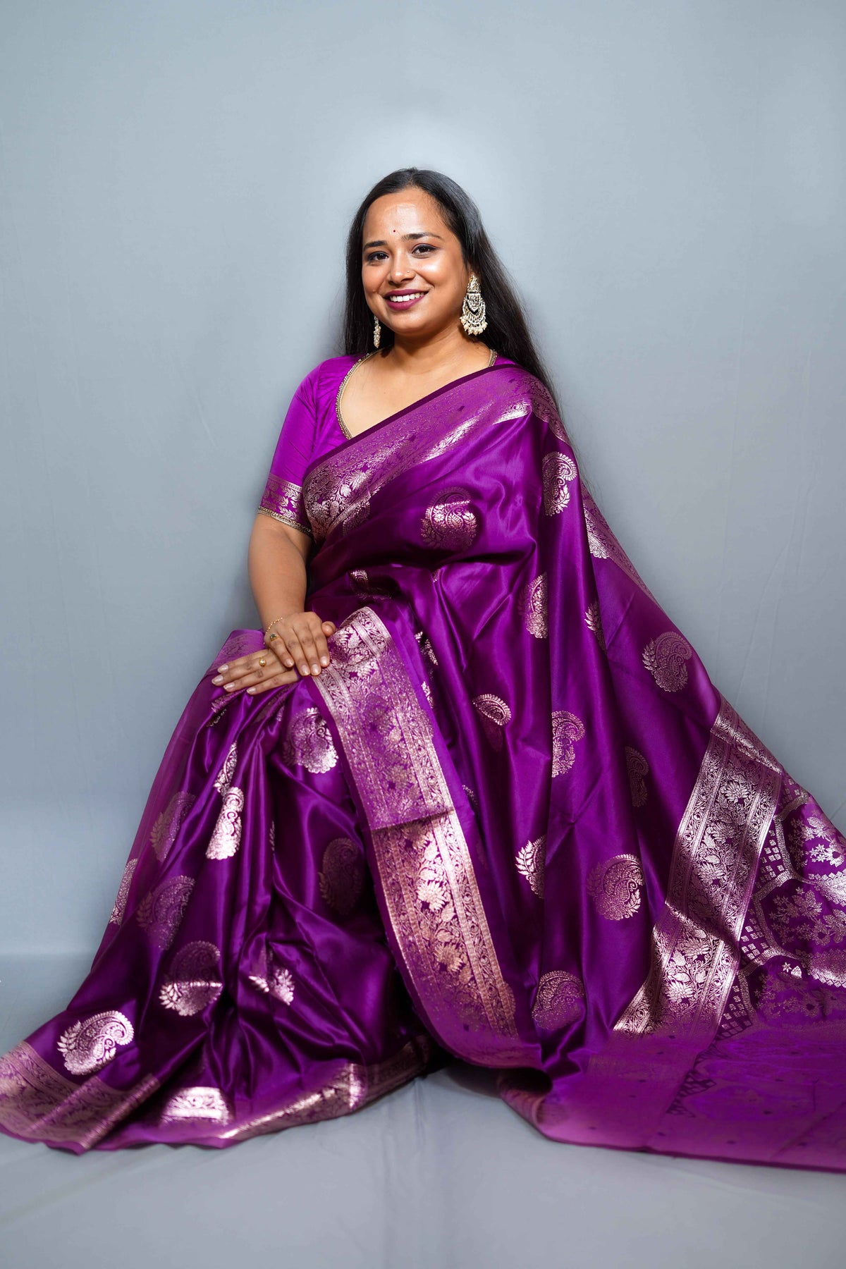 Mashru Silk Saree with Golden Zari Paisley Motifs & Ornate Floral Border