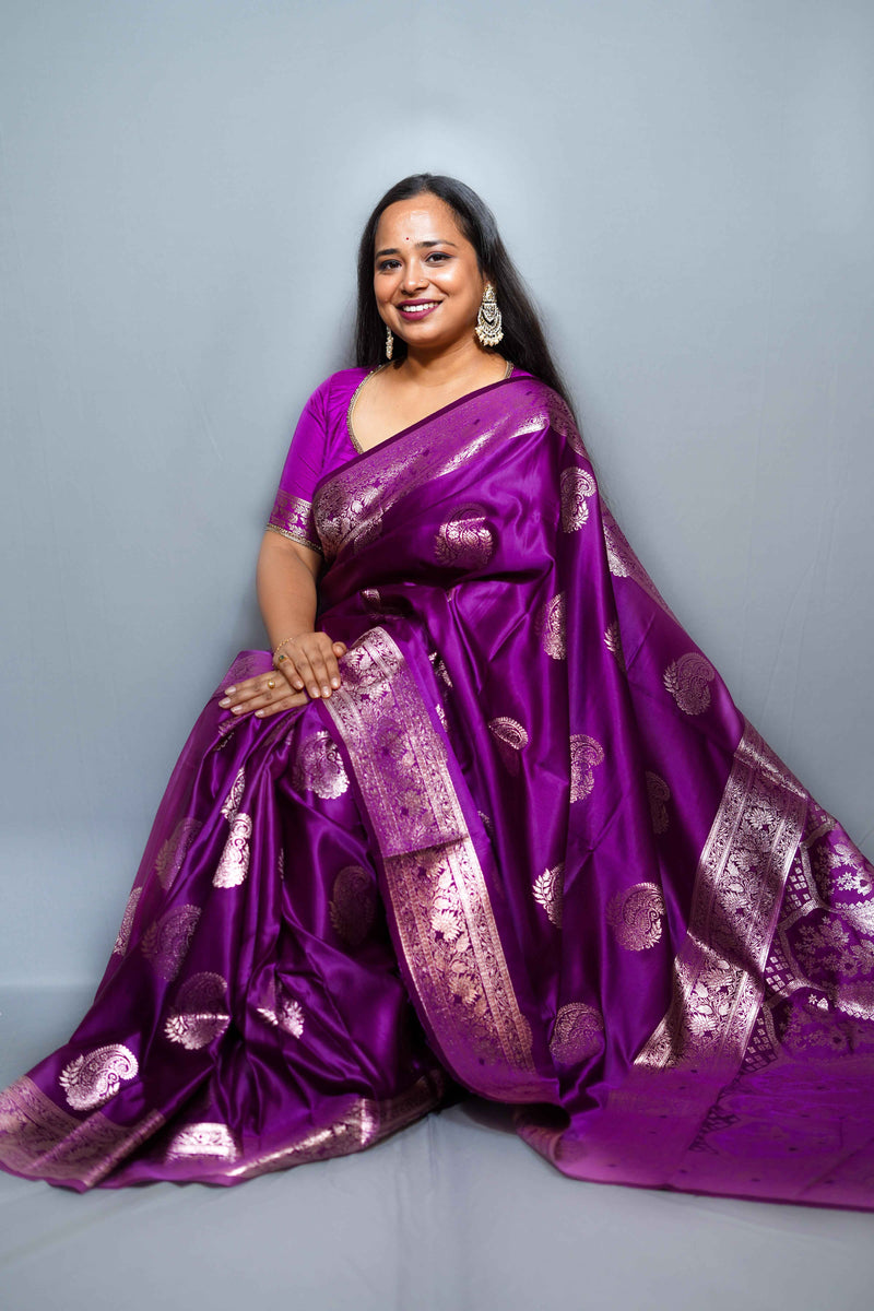Mashru Silk Saree with Golden Zari Paisley Motifs & Ornate Floral Border