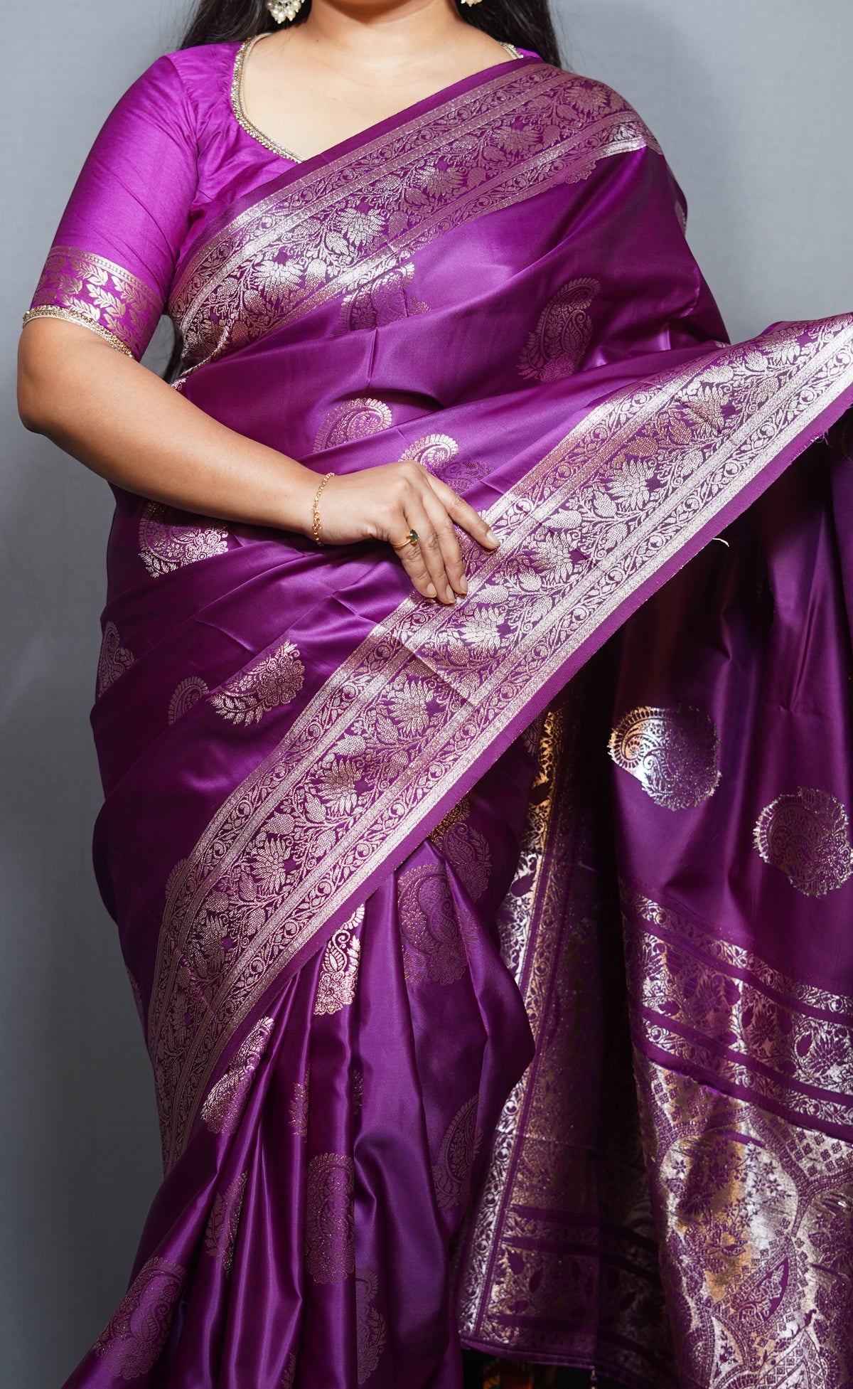 Mashru Silk Saree with Golden Zari Paisley Motifs & Ornate Floral Border